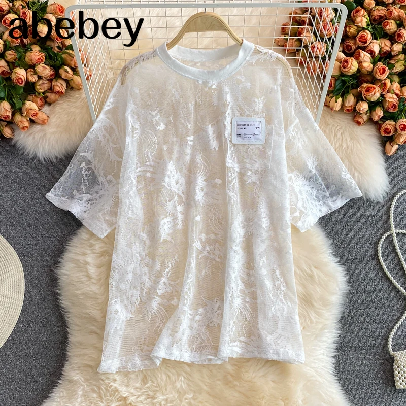 

Женская кружевная рубашка с вышивкой, Повседневная однотонная Свободная рубашка с круглым вырезом и длинным рукавом, Новинка лета 2021