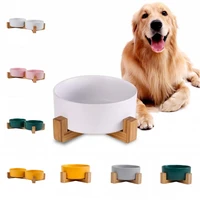 double ceramic dog bowl with wood stand pet feeding water food feeder no spill big dogs feeding dish fit all pet puppy cat bowl
