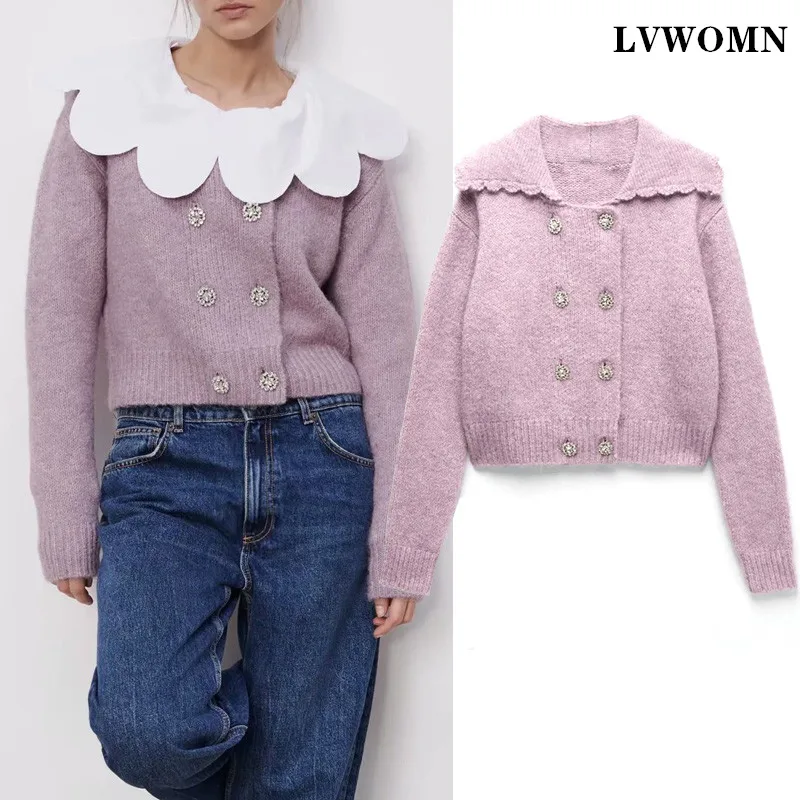 

LVWOMN Cardigan Sweater Za Women 2021 Vintage Sweater Double-Breasted Lapel Ruffle Long Sleeve Top Women Elegant Female Coat