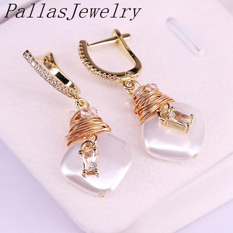 

5Pair New Design Natural Pearl with charm cubic zirconia micro pave gold dangle earring for women