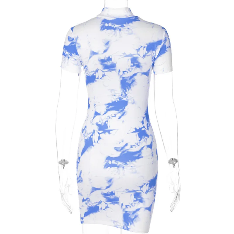 

BacklakeGirls Vintage Hollow Out Printed Dress Women Stand Collar Short Sleeve High Waist Cocktail Dresses Female Fashion 2020