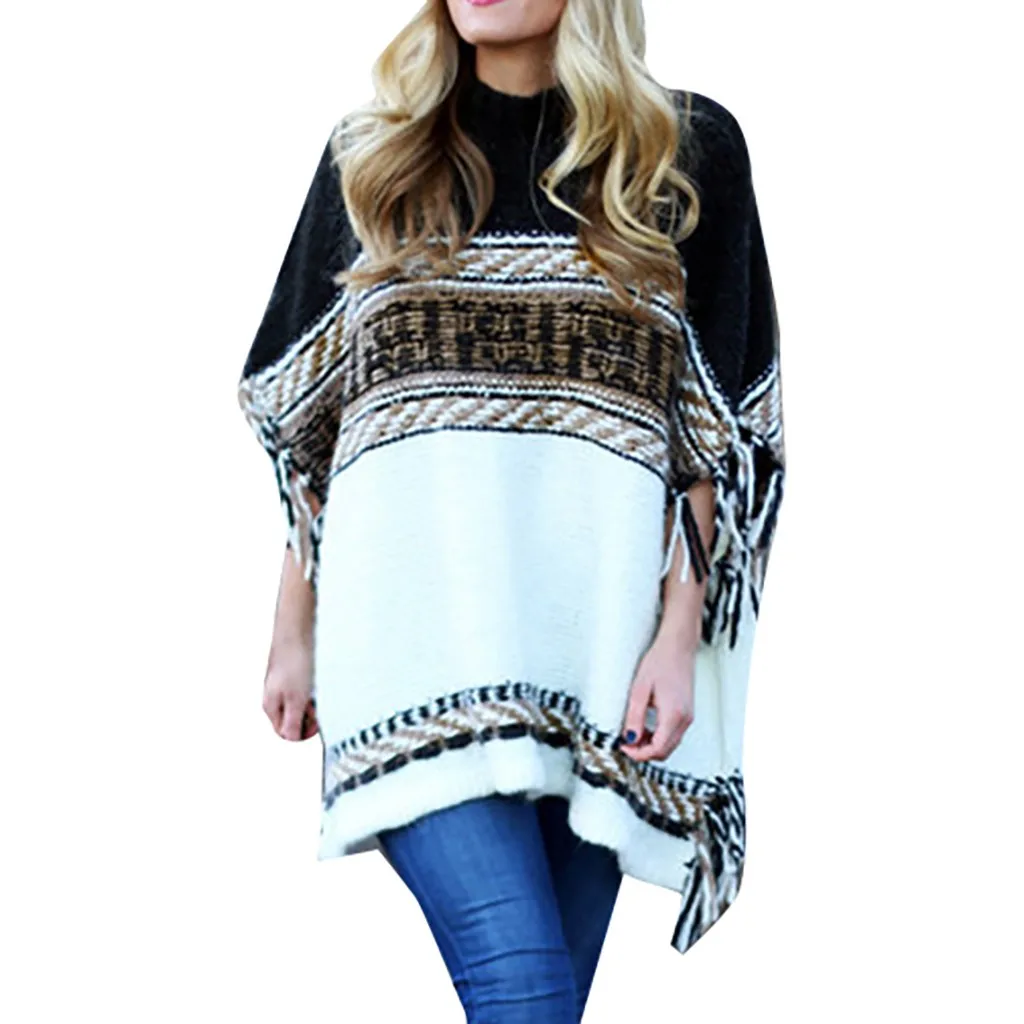 Womens Sweater Long Sleeve Stripe Color Block Tassel Knitted Cloak Tops chompas de mujer invierno girls sweaters | Женская одежда