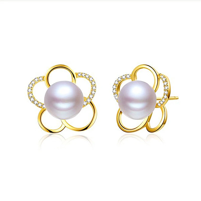 

Simulated Pearl Trendy Flower Stud Earrings For Women Simple Elegant Gold Color CZ Pave Charm Party Business Jewelry Accessory