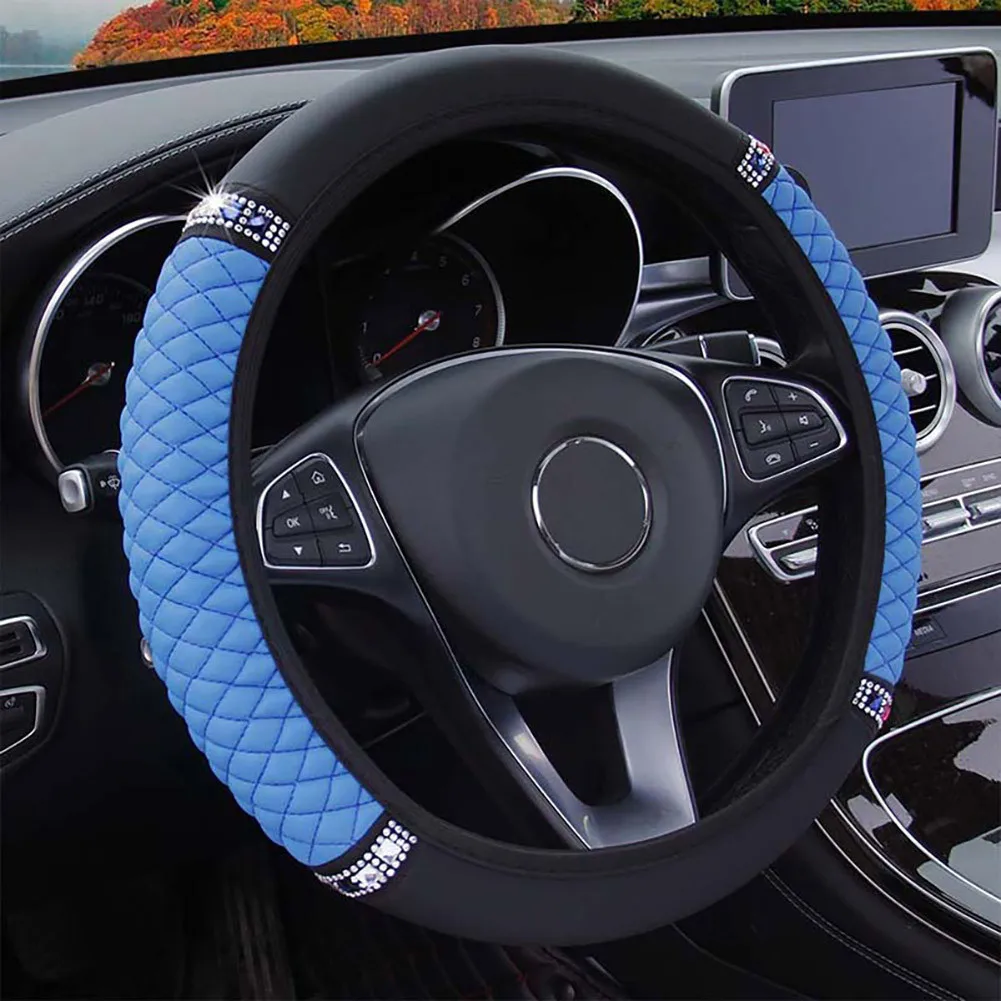 

For 38-37CM Steering Wheel Cover 1 Pcs Anti-Slip Auto Black + Blue Diamond Leather