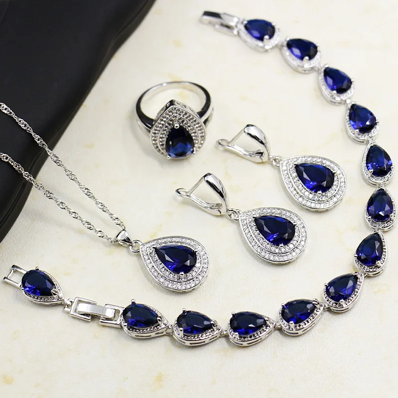 

BIJOX STORY 925 Sterling Silver Jewelry Set with Water Drop shaped Sapphire Gemstones Ring Earrings Necklace Bracelet for Women