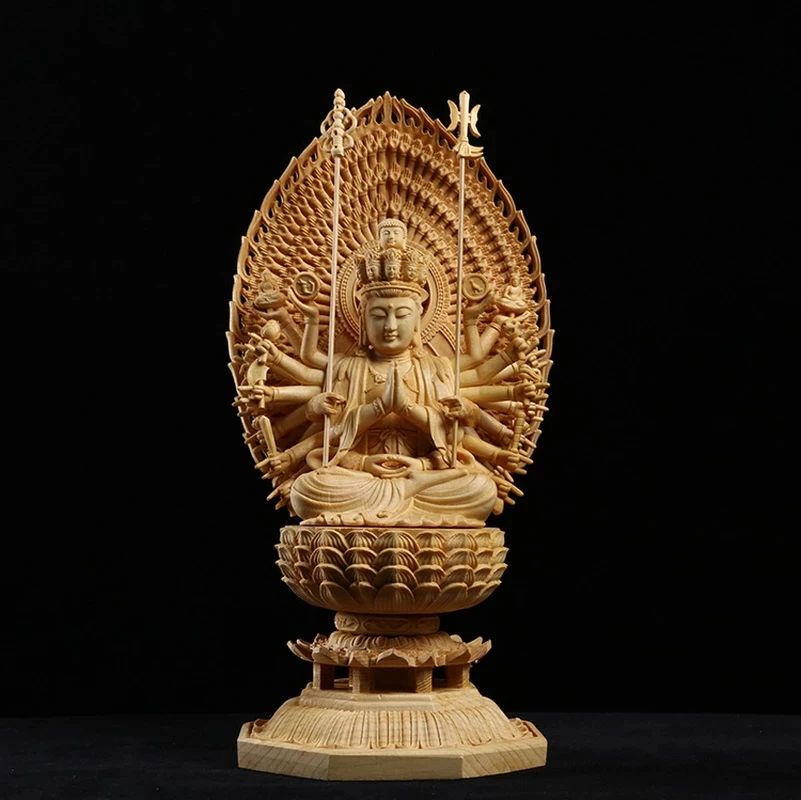 

28CM Japan Carving Buddha Statue Guanyin The Thousand Arms Goddess Solid Wood Statue Feng Shui Wooden Statues for Decors