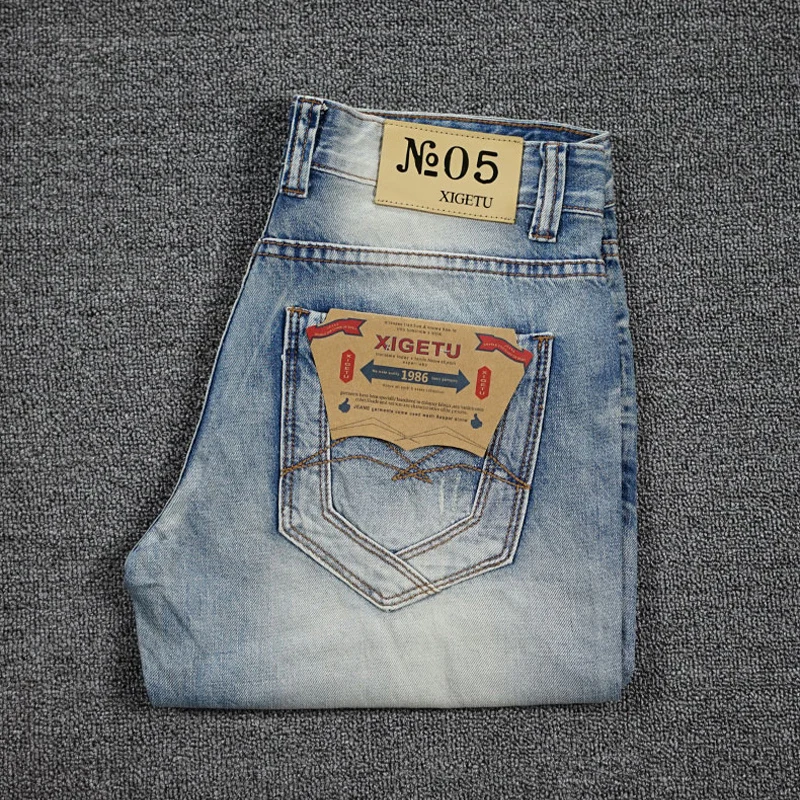 

European American Fashion Summer Men Jeans Retro Light Blue Distressed Wash Short Ripped Jeans Men Vintage Designer Denim Shorts