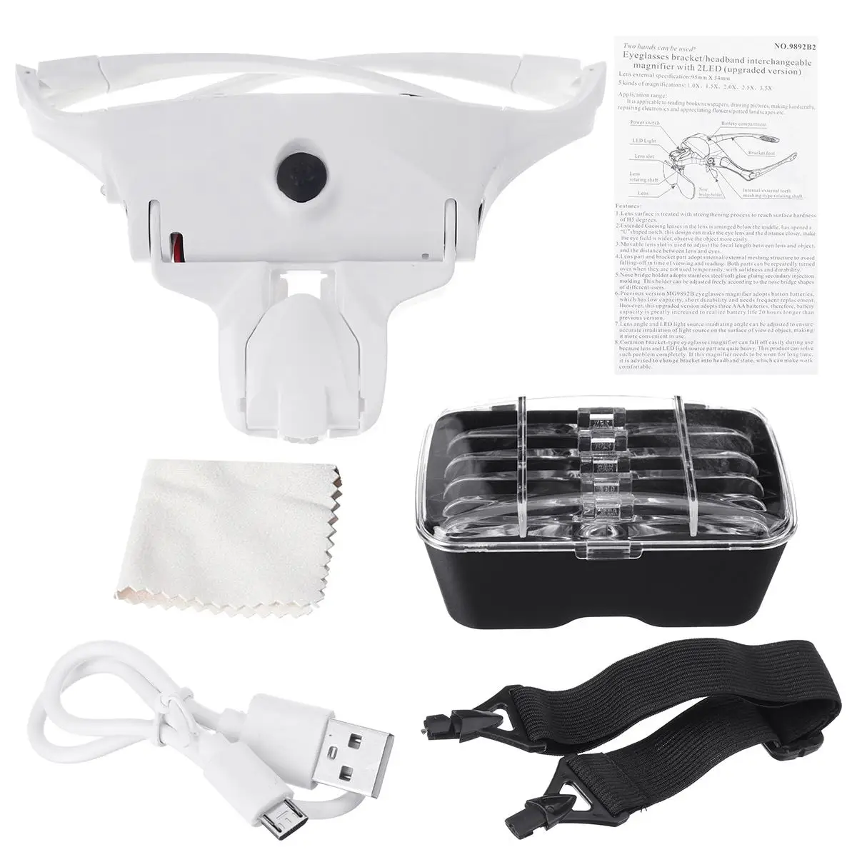 

5 Lens Loupe Eyewear Magnifier With Led Lights LampInterchangeable Lens 1.0X/1.5X/2.0X/2.5X/3.5X Wearing Magnifying Glasses