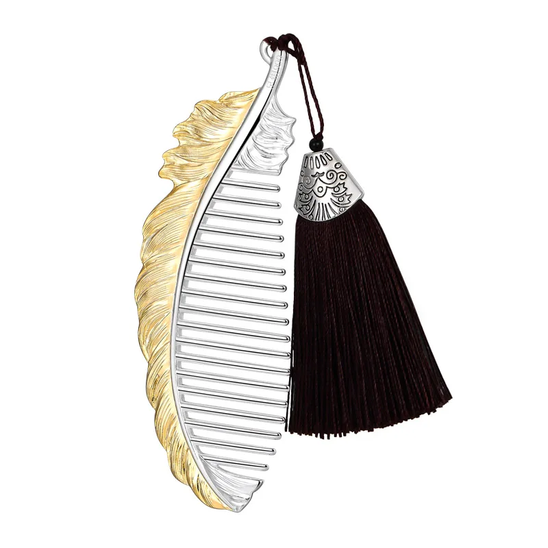 

Chinese style retro silver comb 999 sterling silver hair comb feather comb handmade gilt for girlfriend birthday gift