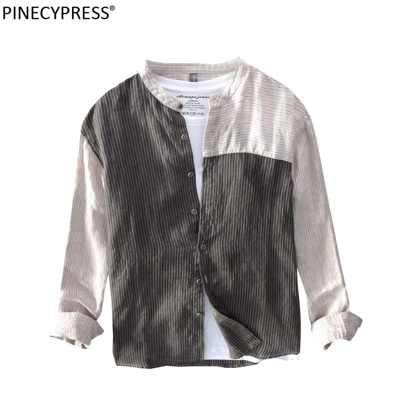 

100% Linen Cool Breathable Anti-static Anti-radiation Man Casual Shirt Summer Beach Patchwork Male Stripe Long Sleeve Men Shirts