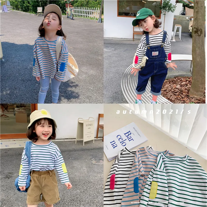 

Детская футболка для девочек, пуловер, футболка в полоску, детская одежда, топы на осень и весну, Модные Повседневные детские футболки, одежд...