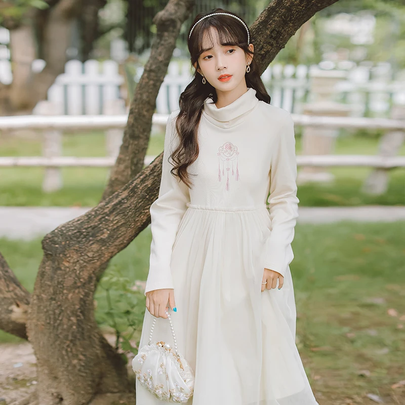 

Chinese Style Turtleneck Long Sleeve Embroidery Apricot Dress Autumn Winter Women Vintage Elegant Loose Splice Mesh Dresses 5017