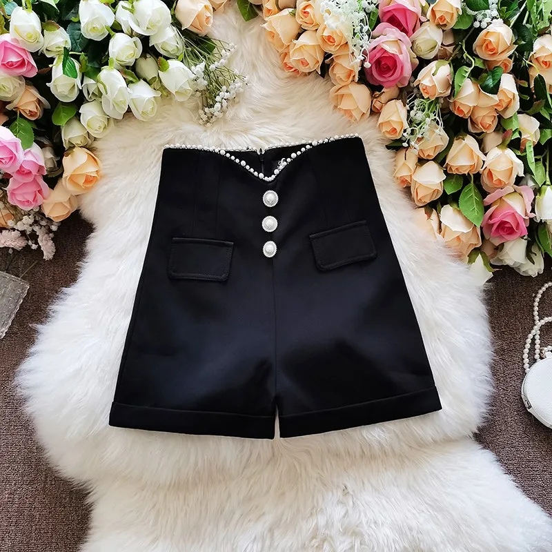 2021 Summer New Button Skinny High Waist Shorts Women Wide Leg Shorts Vintage Girl Single Breasted Pearl Wild Shorts Streetwear