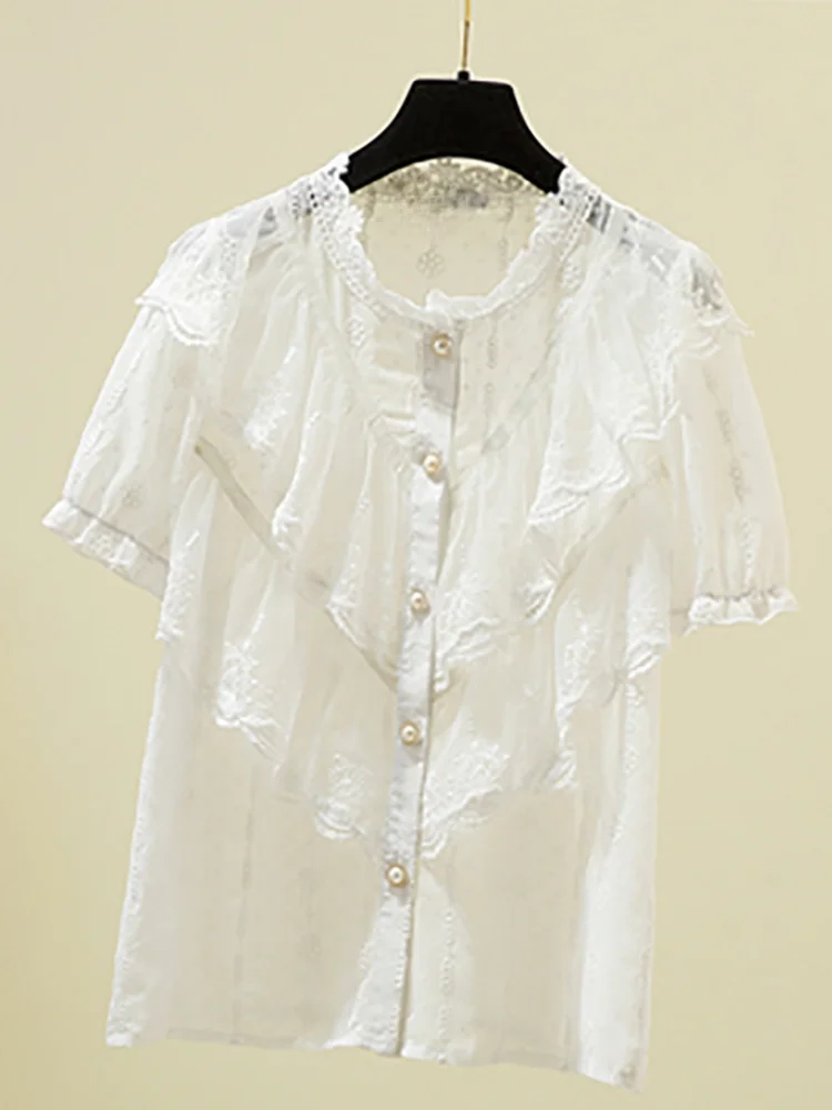 

Oversized 4XL Lace Women White Shirts Summer New Sweet Style 2021 Ruffles Short-Sleeved Elegant Office Lady Outwear Tops