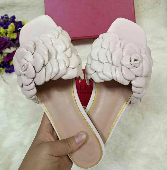 

BONJEAN Wine Red Leather Flat Shoes Summer Open Toe Sexy Slides Open Toe Flower Decorations Slippers White Red Pink Gold