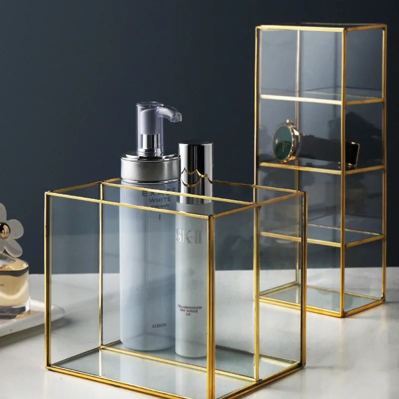 

Golden Glass Lattice Cosmetic Jewelry Box Storage Tray Large capacity Dressing Table Top Finish
