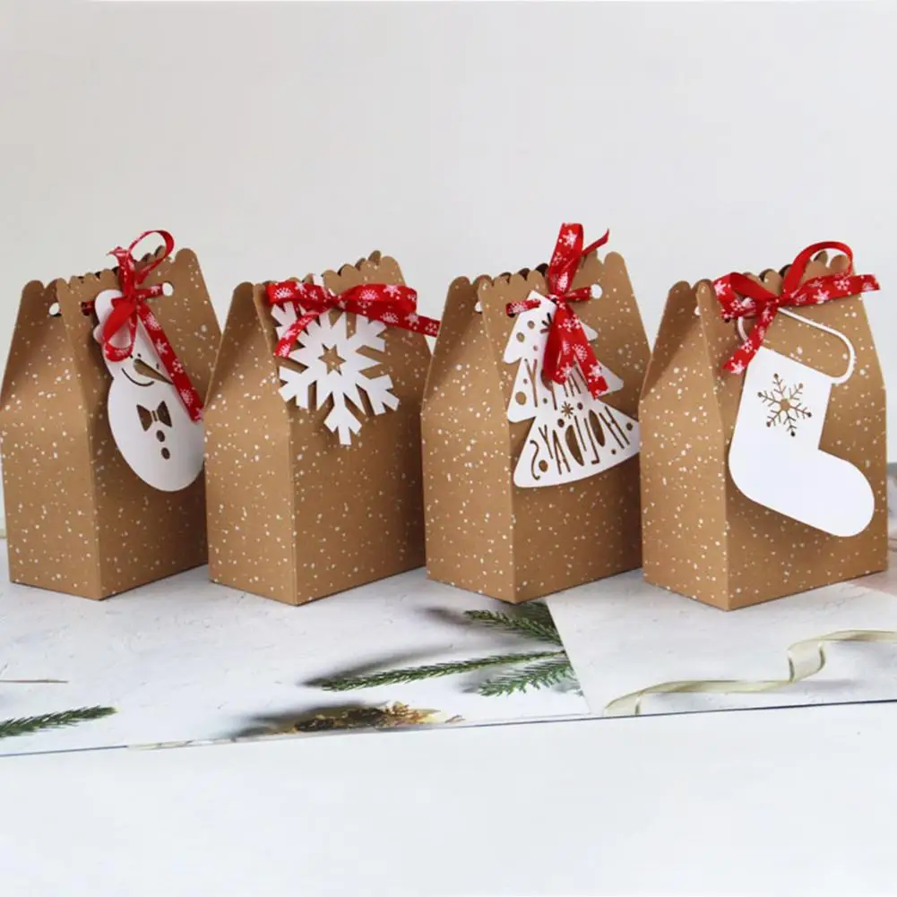 

24pcs Christmas Gift Boxes Kraft Paper Bag with Snowflake Ribbon New Year Cookie Candy Boxes with Gift TagXmas Party Favor Bags