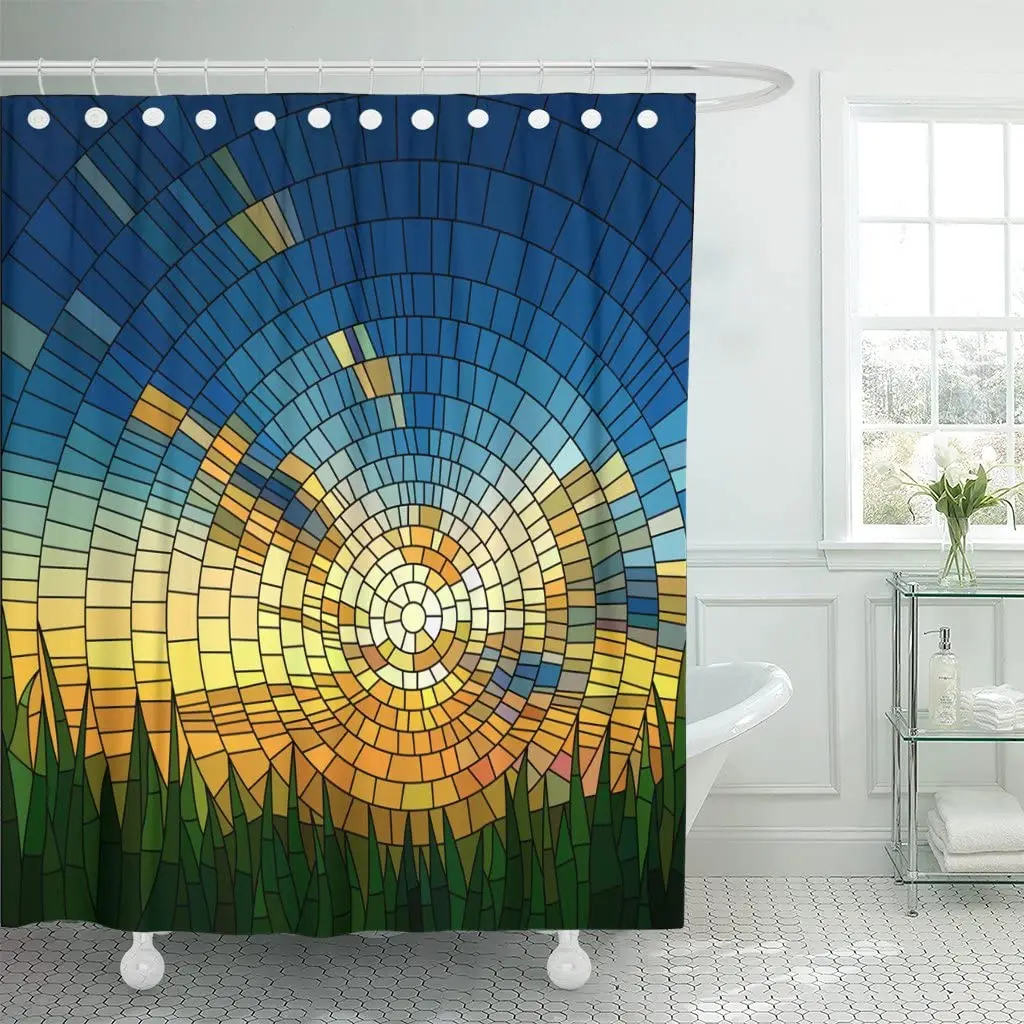 

Colorful of Sunset in Blue Sky Grass Stained Glass Shower Curtain Waterproof 60 x 72 Inches Set with Hooks