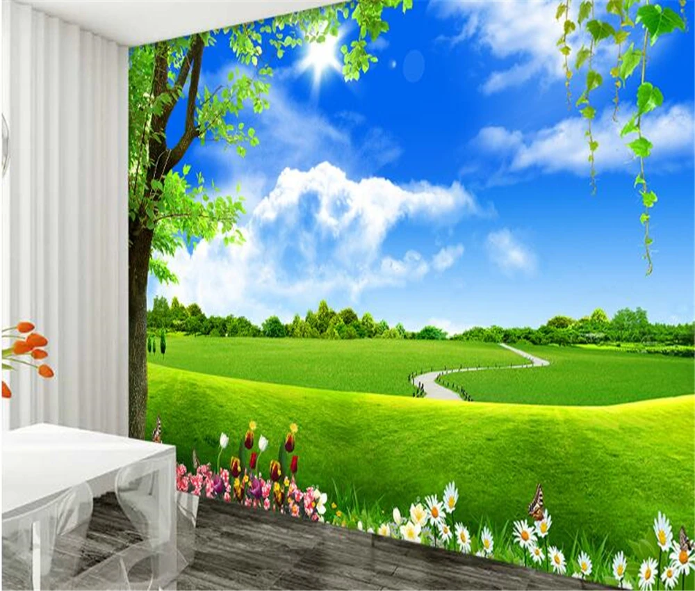 Beibehang большое голубое небо с белыми облаками и деревом под заказ ТВ фоновая