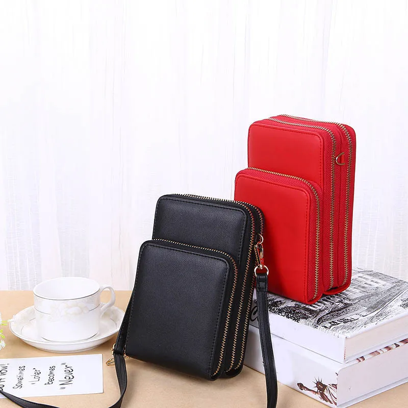 

Women Wallet Fashion Trendy Mobile Phone PU Long Mini Purse Multi-function Messenger Bag Shoulder Bag Solid Color