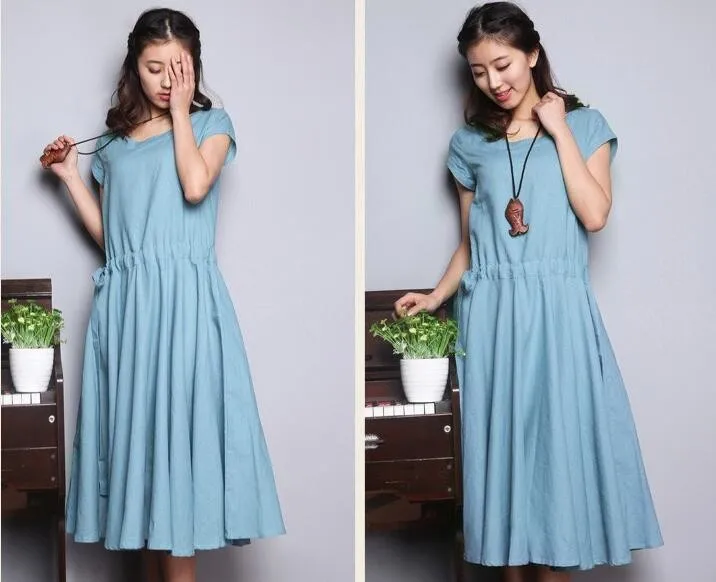 

Summer Short Sleeve Light Blue Women Dress A-line Casual Cotton And Linen Dresses Ladies Drawstring Clothing Woman