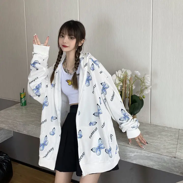 Летние Harajuku худи с бабочкой застежкой молнией Женская толстовка 2021 Весна Размеры