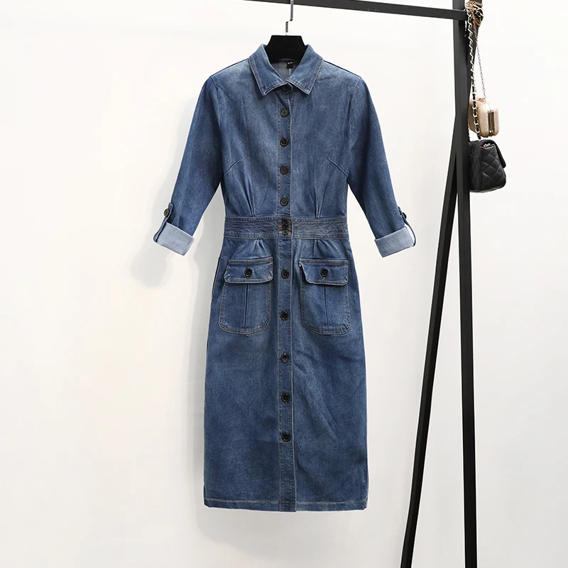 

Long-Sleeved Denim Dress With Buttons Pockets Women Plus Size 5XL 2021 Summer Trend Runway Designer Fashion Lady Casual Clothes