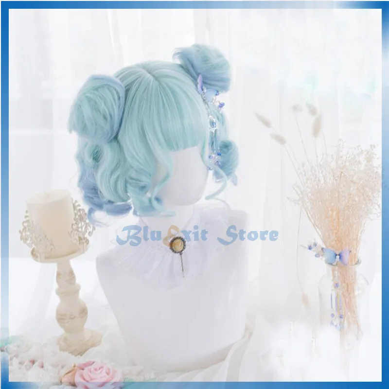Lolita Harajuku Wig Buns Cosplay Sweet Cute Gradual Green Blue Short Curly Synthetic Hair Adult Girls Headwear |