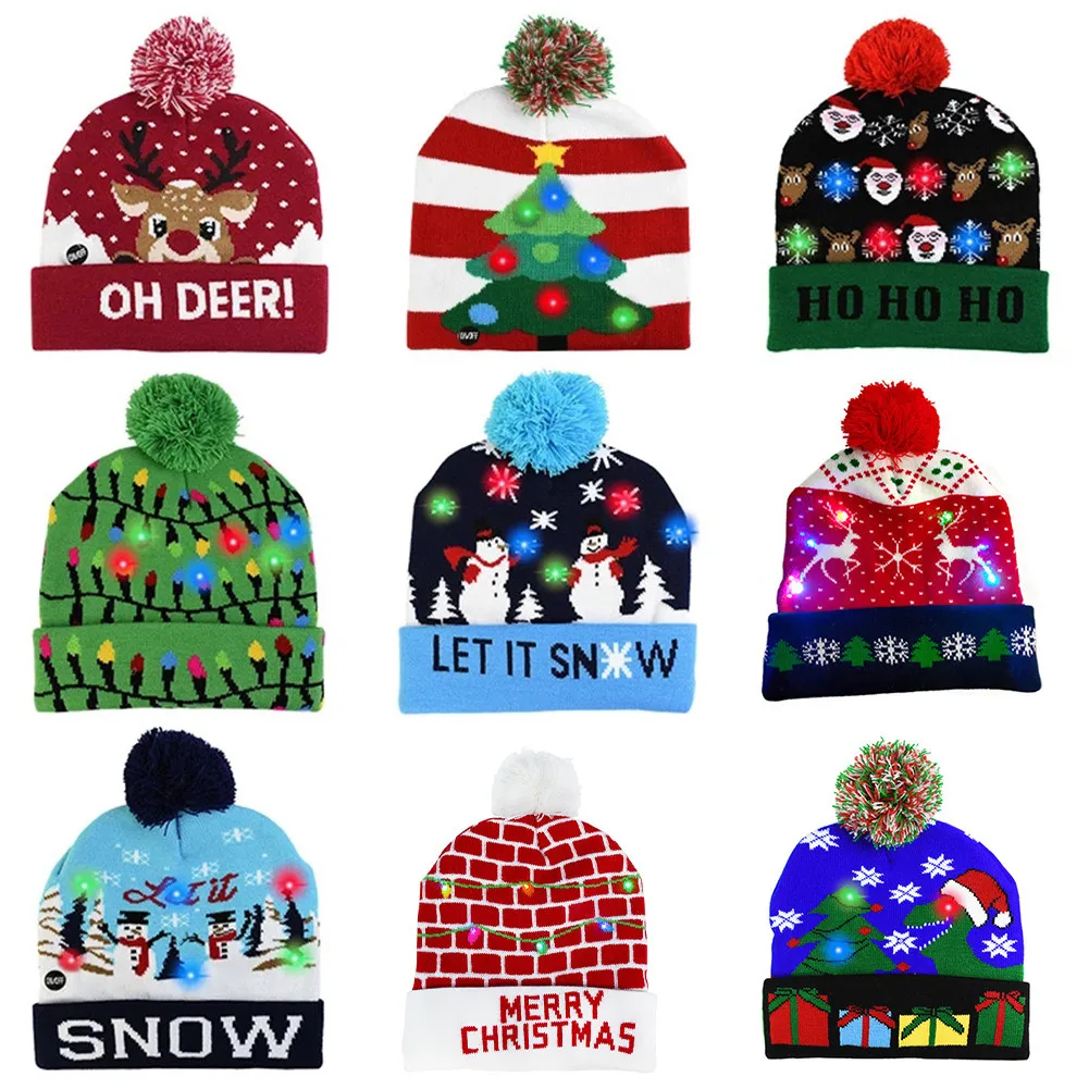 

2022 New Year LED Knitted Christmas Hat Beanie Light Up Illuminate Warm Hat For Kids Adults New Year Christmas Decor