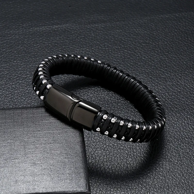Модный Черный Кожаный Браслет-манжета для мужчин и женщин магнитная застежка из