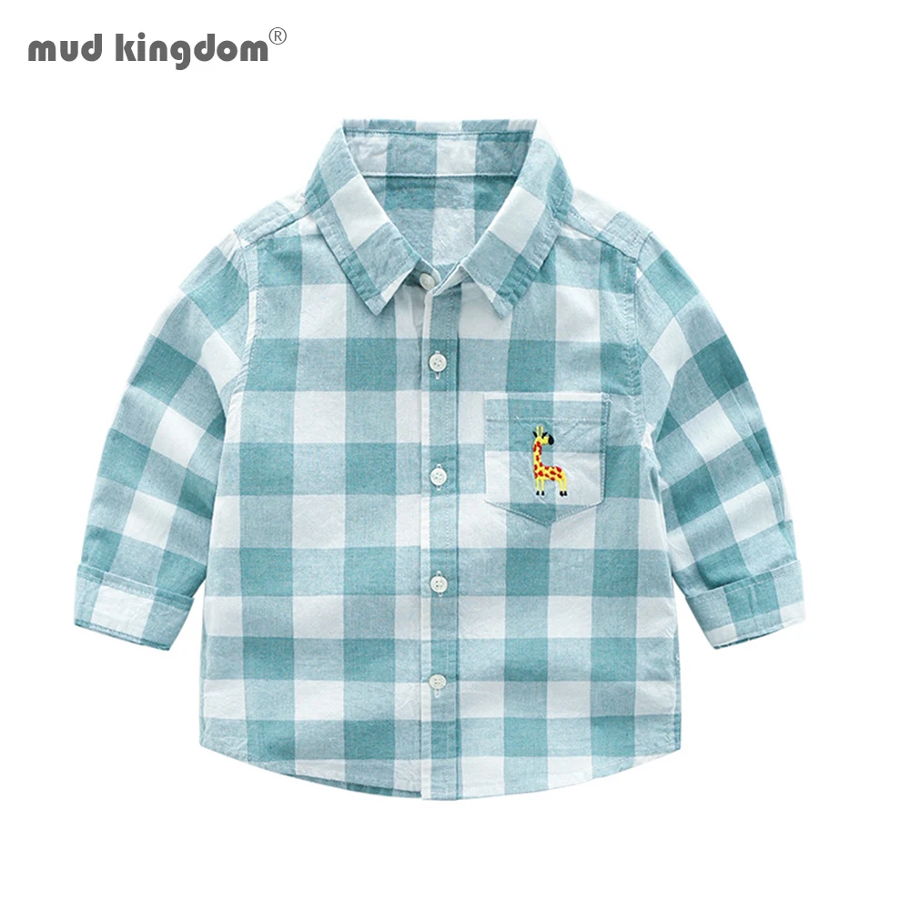 Рубашки с длинным рукавом для мальчиков мультяшным рисунком животных клетчатая