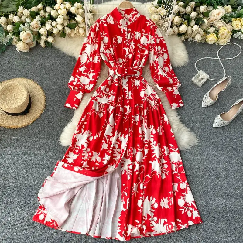 

Women's spring summer runway fashion flower print long dress female long sleeve chic travel beach dress TB1477