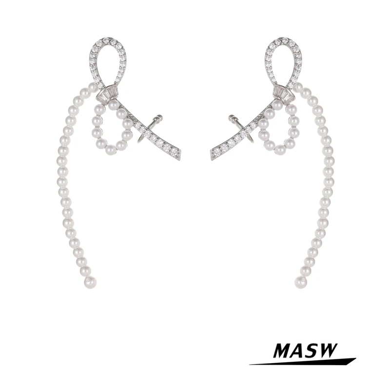 

MASW Original Design Bow Earrings Popular Style Geometric Brass Metal With Glass Pearls Earring Trendy Jewelry Party Gifts