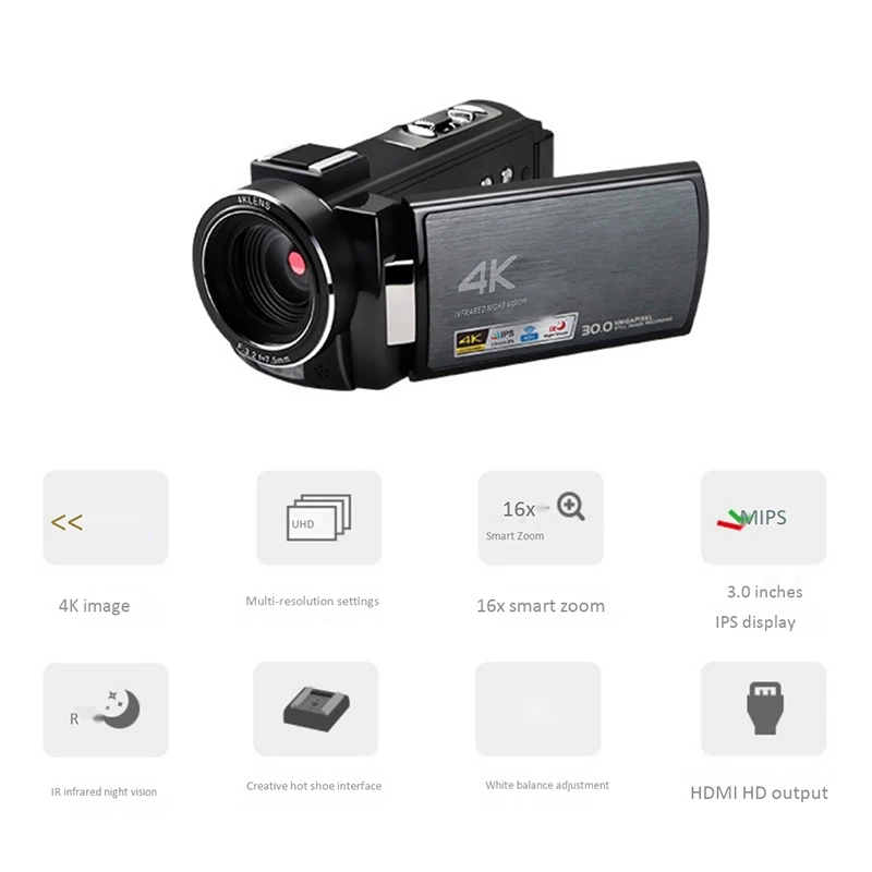 

4K 60FPS Video Camera Camcorder Ultra HD 30MP Camera Vlogging Digital Camera Recorder 3.0in IPS Screen IR Night(EU Plug)