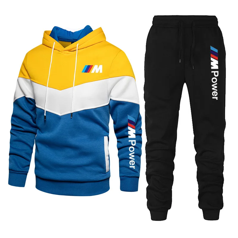 

2021 New men's patchwork sports suit hooded casual loose streetwear men's fashion autumn and winter wear + pants 2-piece set