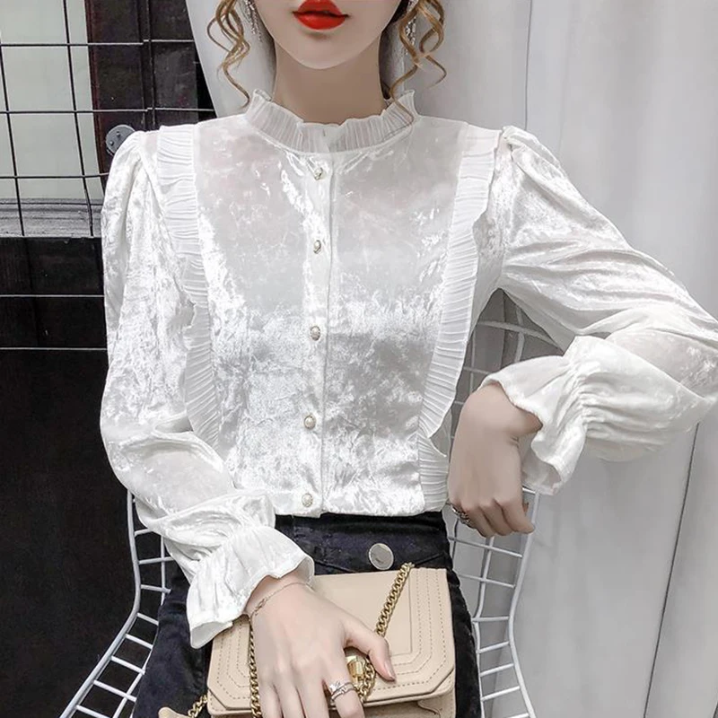 

Lucyever модная Лоскутная Блузка с оборками Женские Элегантные золотые бархатные рубашки с длинным рукавом женские корейские шикарные жемчужн...