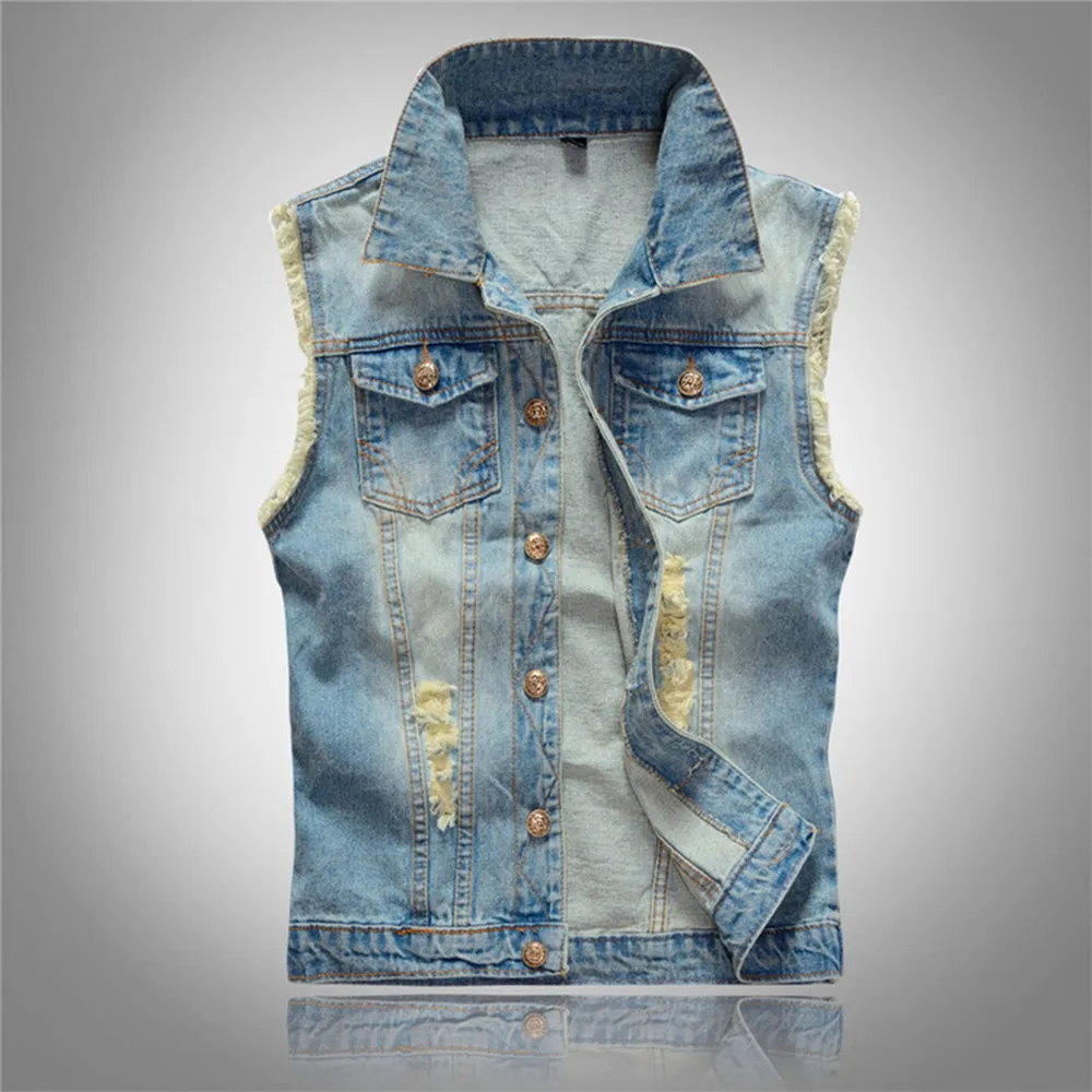 

Ripped Jean Jacket Men's Blue Denim Vest Hip Hop Jean Coats Waistcoat Men Cowboy Brand Sleeveless Jacket Male Tank Plus Size 6XL