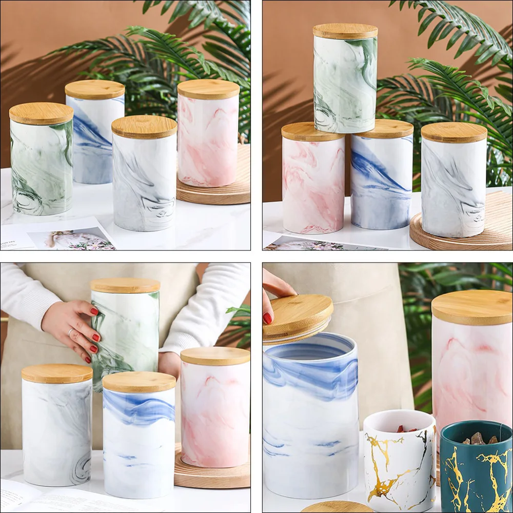 

1pc Marbling Ceramic Tea Dried Fruit Storage Jar Home Sealed Container with Lid