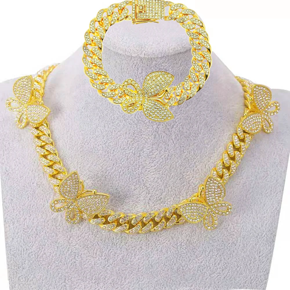 

Rock Necklace+Watch+Bracelet Hip Hop Prong 12mm Butterfly Cuban Chain Iced Out Paved Rhinestone CZ Bling for Men Jewelry 3pcs