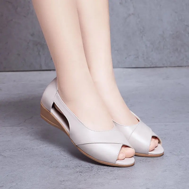 

Soft Leather Sandals Women's Summer New Beef Tendon Slope Heel Sandals Soft Sole Comfortable New Fish Mouth Women Open Toe Shoes