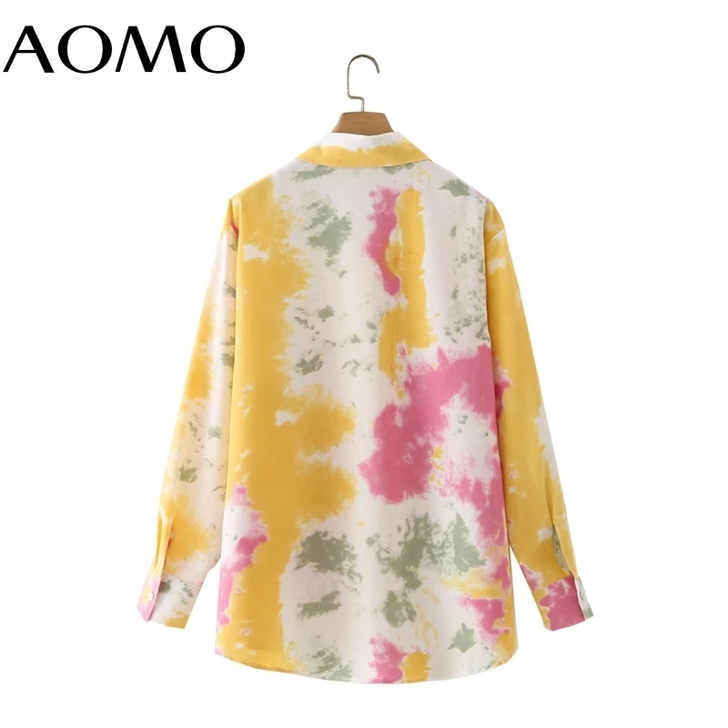 

AOMO Women Vintage Tie Dyed Print Long Shirt Long Sleeve 2021 Chic Female Casual Loose Shirt 2M114A
