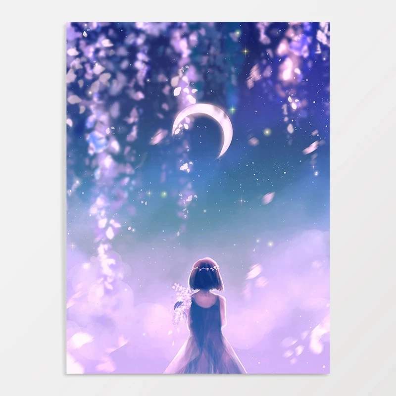 

Wall Art Cherry Blossom And Moon Canvas Painting HD Printed Flower Girl Poster Modern Home Decor For Bedroom Modular Pictures