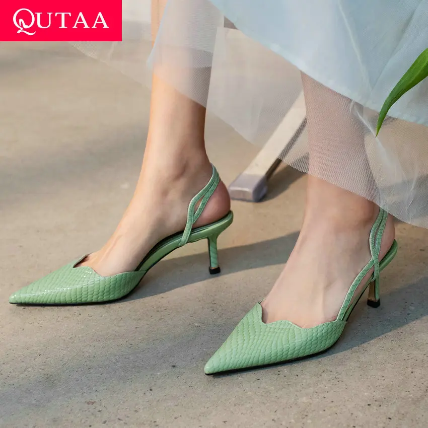 

QUTAA 2021 Pointed Toe Thin High Heel Fashion Back Strap Women Sandals Genuine Leather Slingback Summer Female Shoes Size 34-39