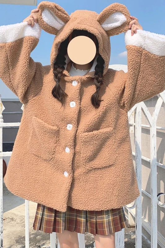

Moko Japanese Style Girls' College Style Loose and Cute Hooded Lamb Wool Thickened Coat Women's Autumn and Winter Warm Cardigan