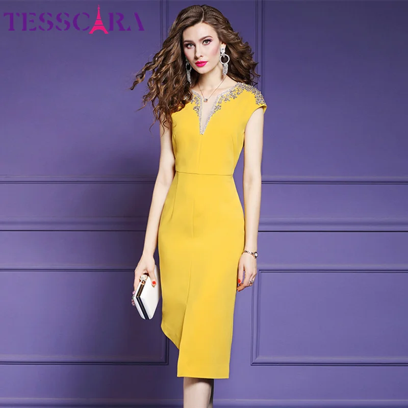Yellow TESSCARA, женское роскошное платье с бисером, женская мода, v-образный вырез, вечерние платья, Femme, Винтажный дизайн, высокое качество, элегантные офисные платья - Цвет: Yellow