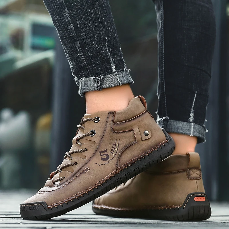 

SusuGrace New Arrivals Leather Men's Sneakers Medium-top Boots Male Vintage Handmade Street Shoes Plus Size 48 Retro Snow Botas