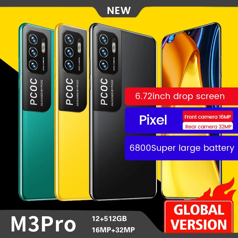 

M3 Pro 5G Android10 Smart Phone 12GB+512GB 16MP+32MP 6800mAh MTK6889 10- Core 6.72inch HD Full Display GPS Cellphone 2021 Lates