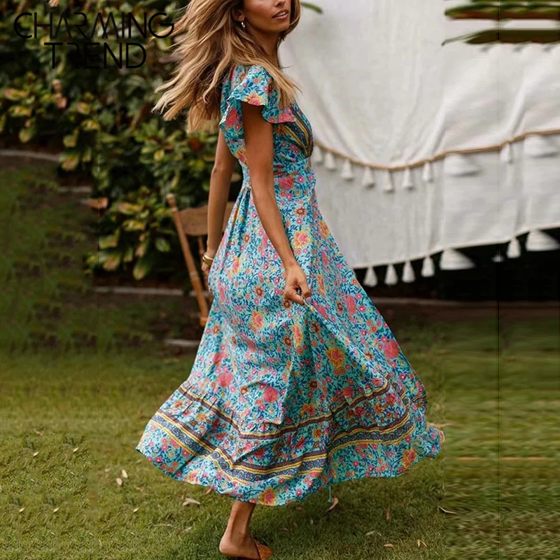 Женское длинное платье в богемном стиле с v образным вырезом и поясом Пляжное