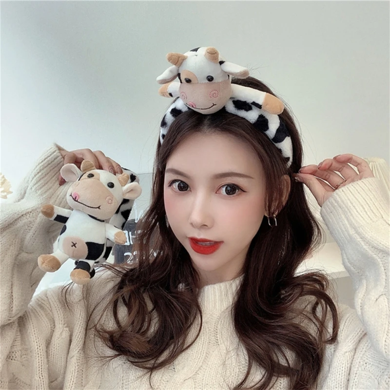 

Soft Headband with Little Cow Pattern 3D Plush Animal Hair Hoop for Washing Face Fluffy Cosplay Cartoon Costume