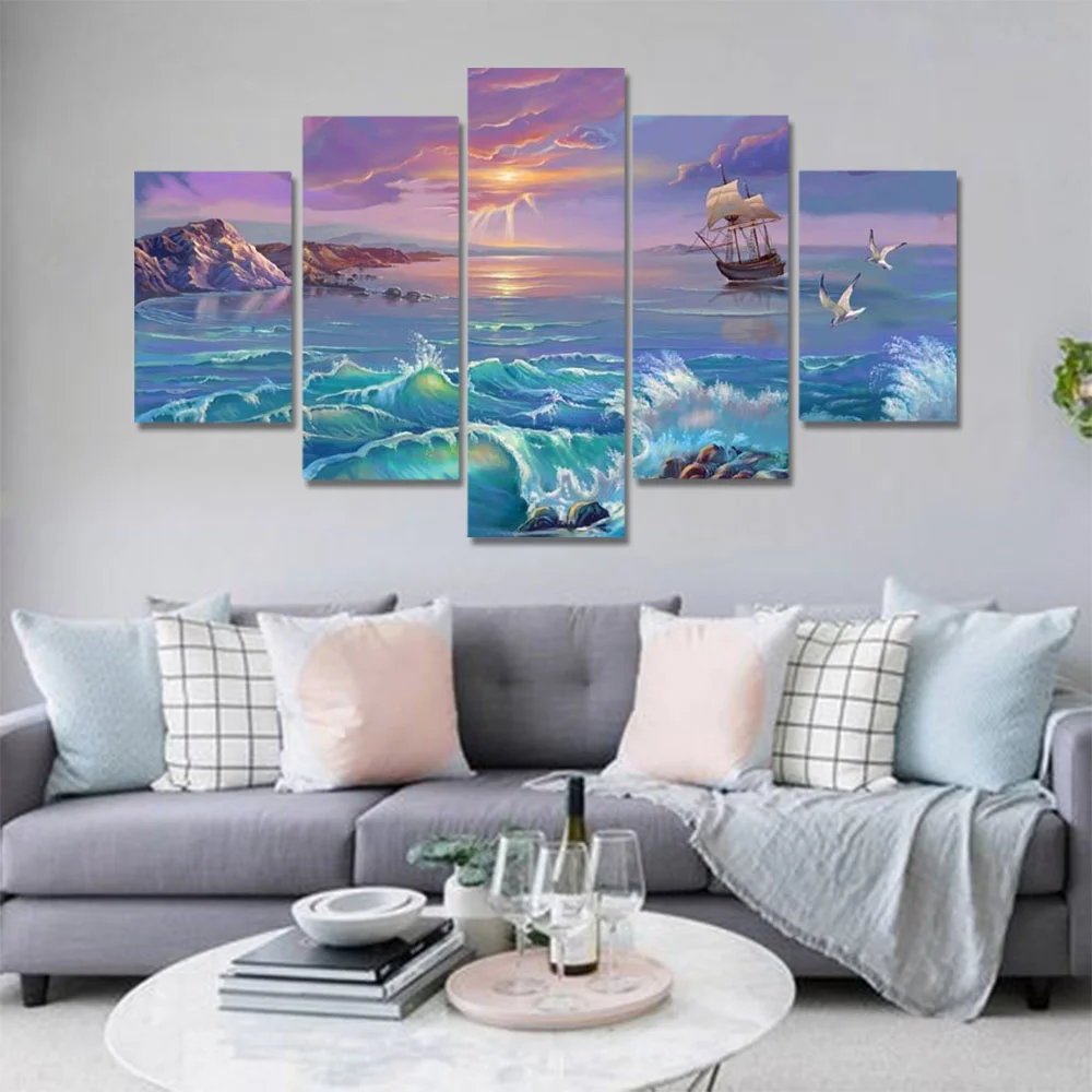 

Wall Art Canvas Painting Seaside Pink Clouds Sunset Sailboat Modular HD Printed 5 Panel Posters Picture Living Room Home Decor